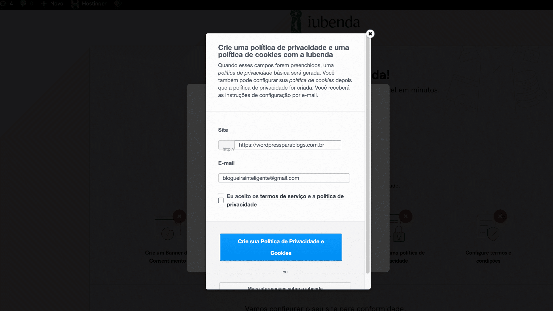 Adicione a URL do blog e email de contato para criar a política de privacidade caso ainda não tenha uma.