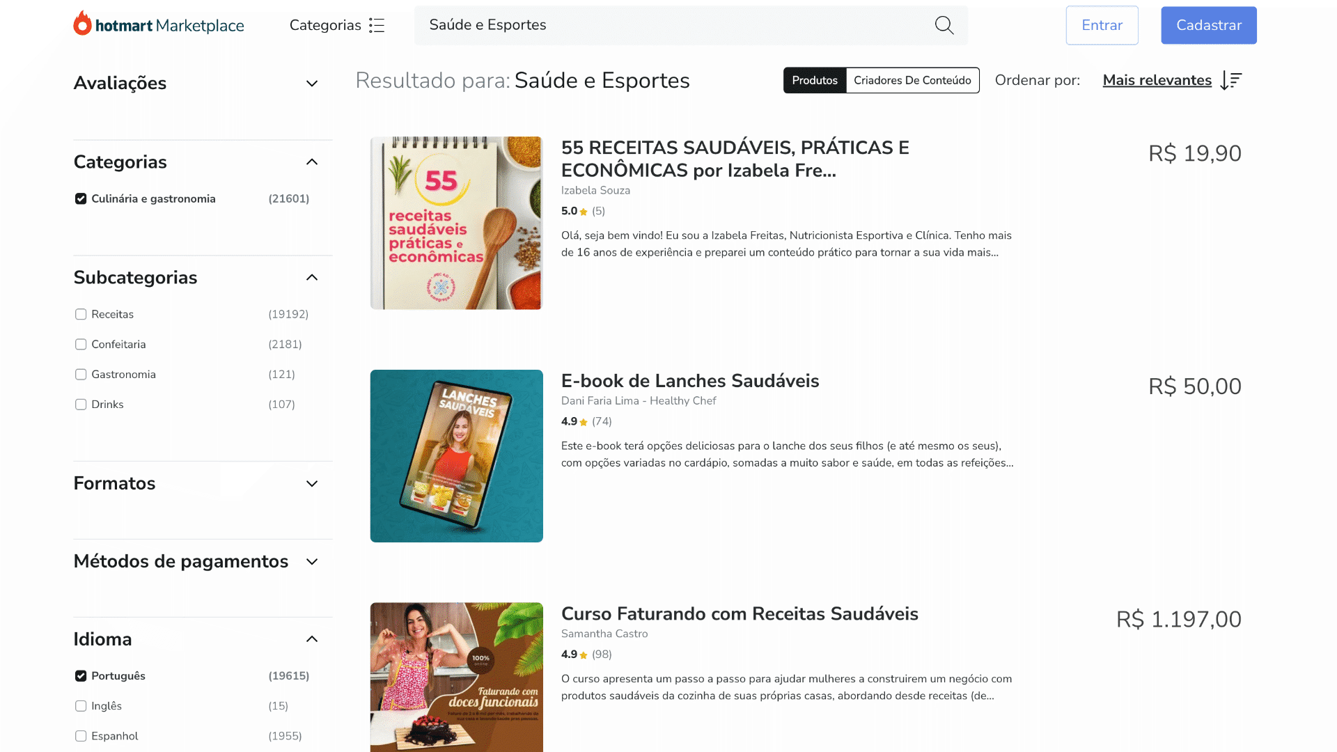 Blog ainda dá dinheiro através da venda de afiliados e infoprodutos. Na imagem alguns dos infoprodutos vendidos na Hotmart, plataforma especializada para esse tipo de produto digital.