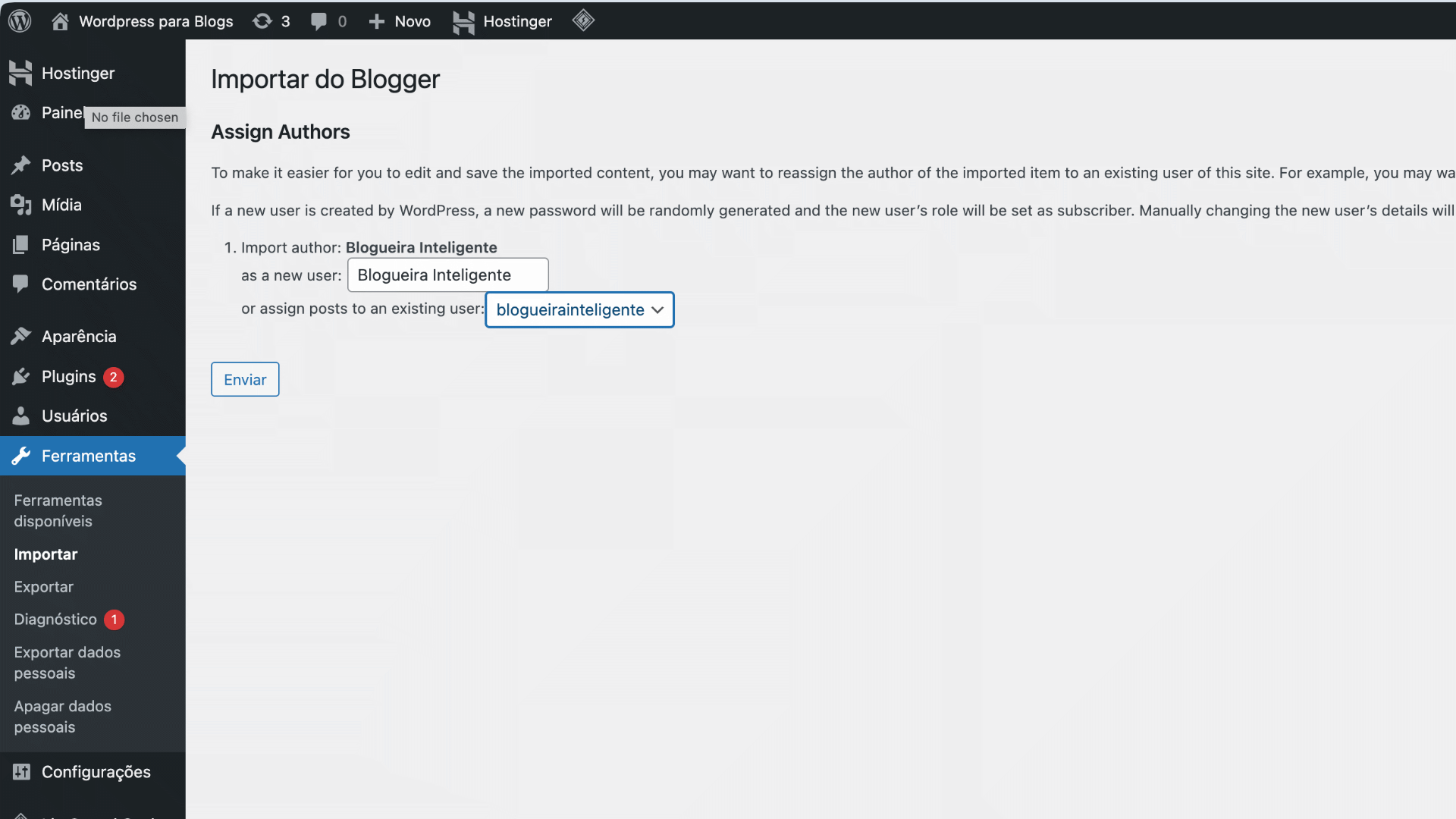 Escolha um autor para os posts que serão importados do Blogger