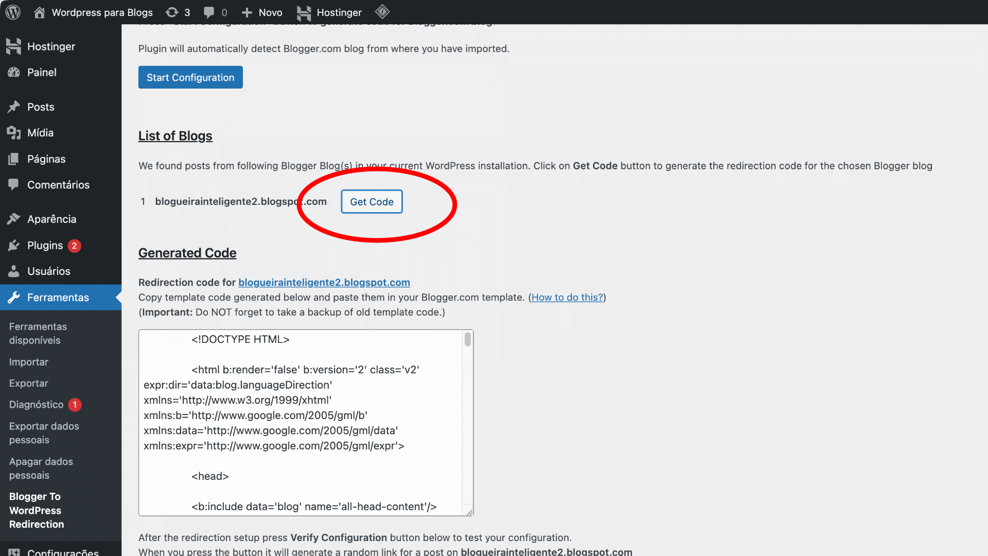 Copie esse código para colar dentro do Blogger e fazer o redirecionamento automático