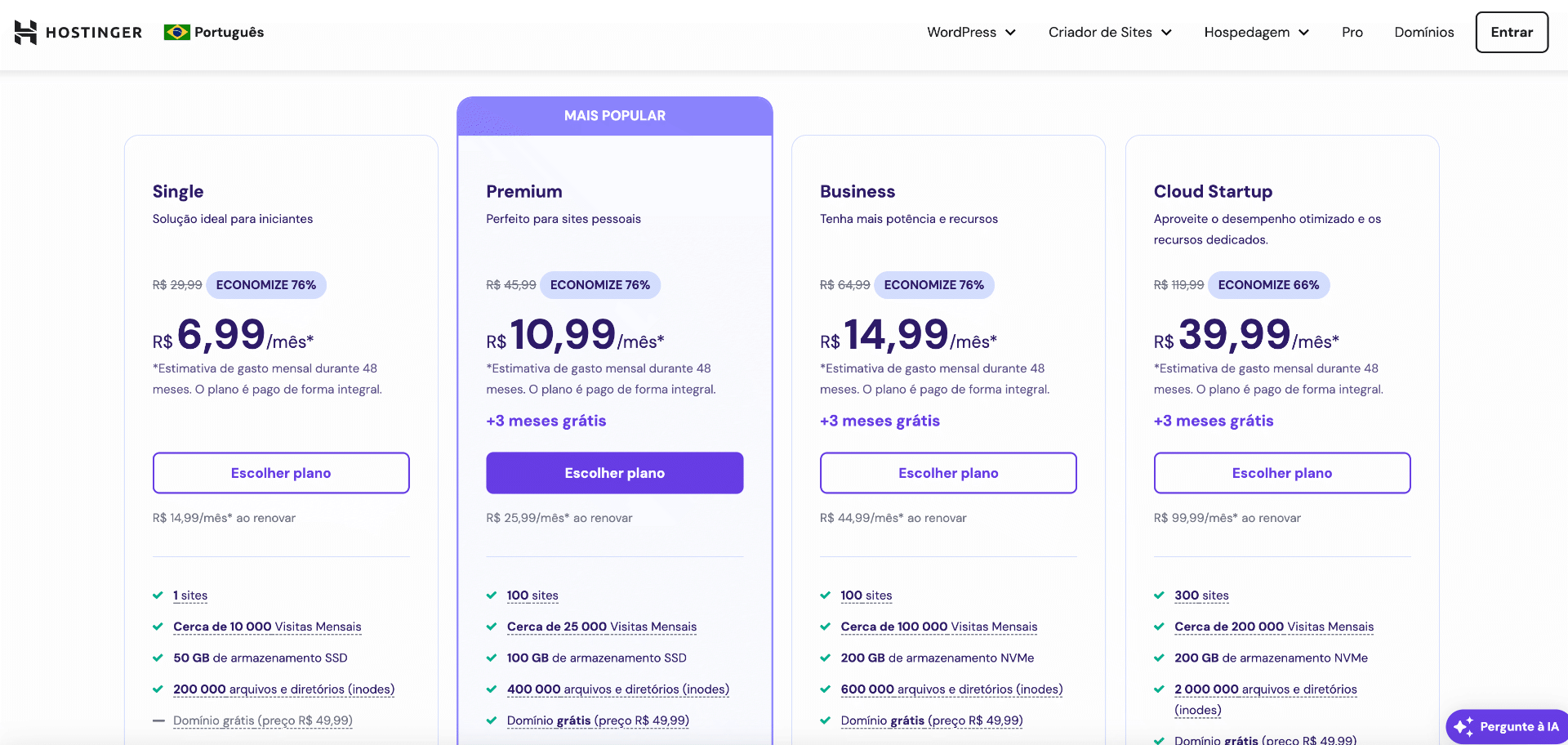 Para migrar do WordPress.com para o WordPress.org você vai precisar de um plano de hospedagem. Na imagem os planos com valores da Hostinger.