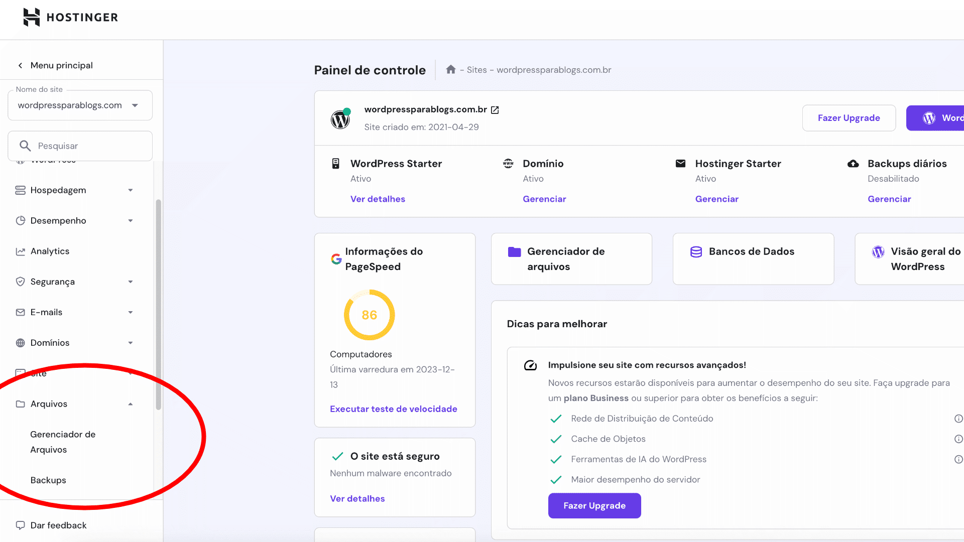 Para corrigir os principais erros do WordPress, será necessário alterar os arquivos da plataforma. Para fazer isso escolha a opção "gerenciador de arquivos" na hospedagem.