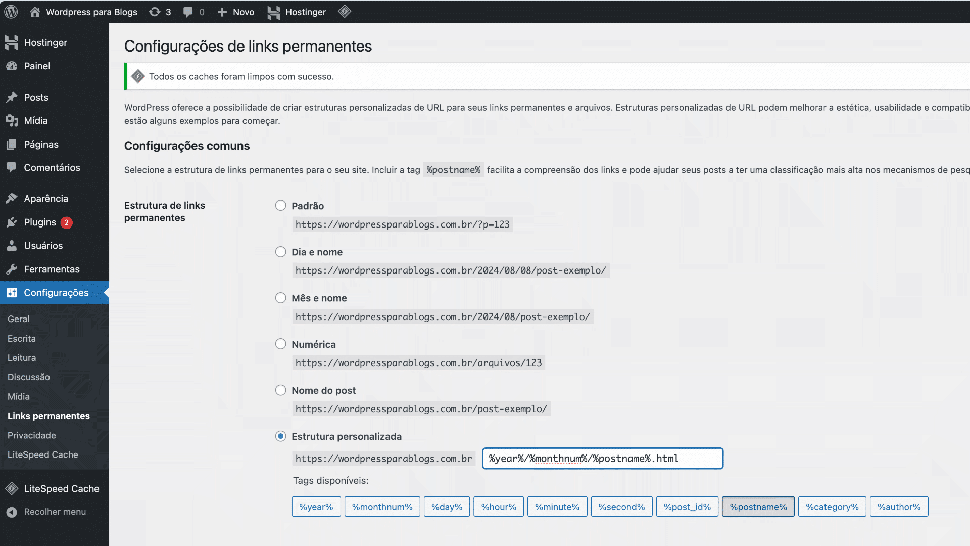 Escolha a opção "estrutura personalizada" e cole o código fornecido para manter a mesma estrutura de links do Blogger