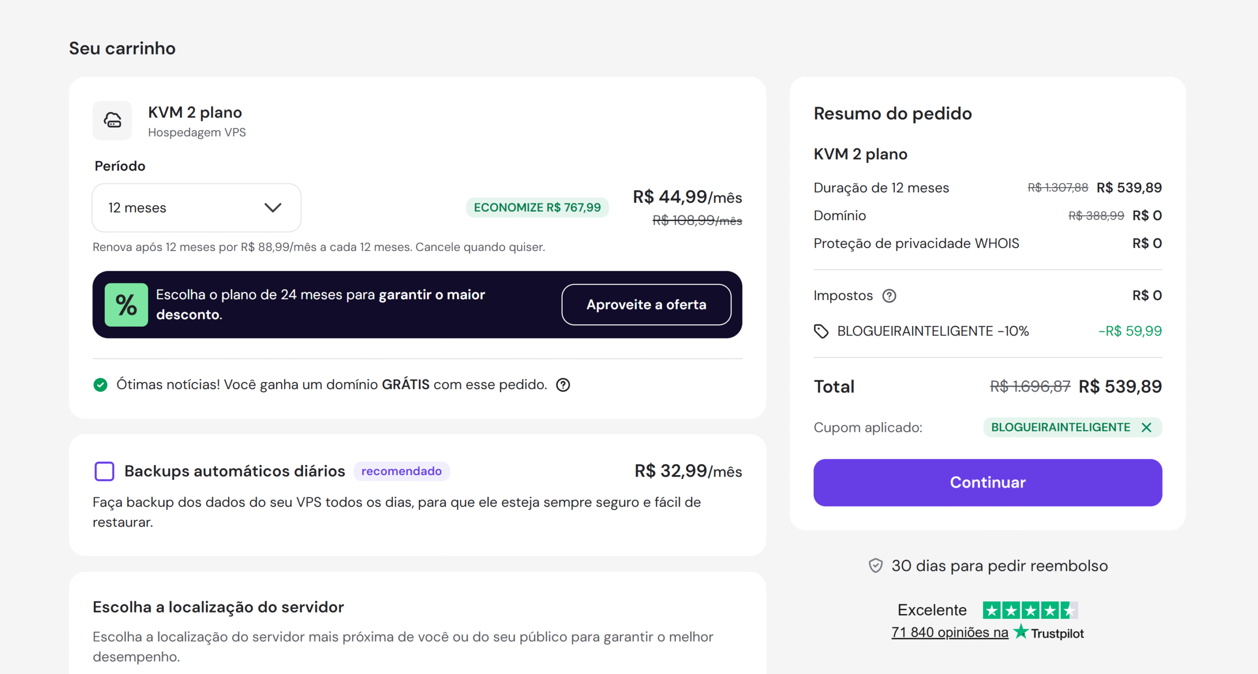 Carrinho Hostinger com cupom BLOGUEIRAINTELIGENTE